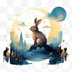 中秋节兔子玉兔月亮满月吉祥物卡