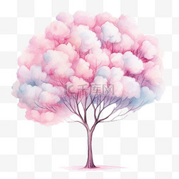 卡通粉色树木图片_水彩蓝粉色卡通棉花树木免扣元素