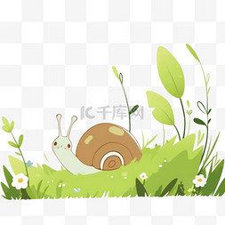 蜗牛爬行图片_可爱蜗牛花丛中卡通手绘元素