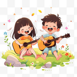 纯色图片_唱歌弹吉他的儿童元素