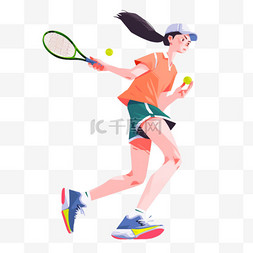 打网球线稿图片_手绘卡通亚运会运动人物一个女孩