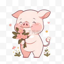 小猪拿着图片_拿着鲜花的小猪手绘元素