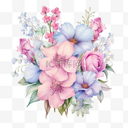 紫色蓝色水彩图片_水彩粉色蓝色紫色花朵花束免扣元