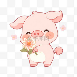 可爱手绘小猪图片_可爱小猪拿着花朵手绘元素