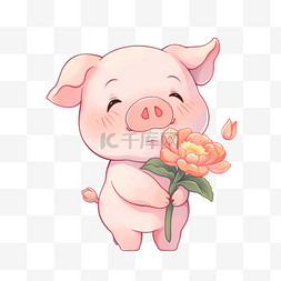 小猪拿着卡通花朵元素