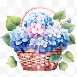 手绘美丽花朵图片_水彩美丽蓝色绣球花花篮免扣元素