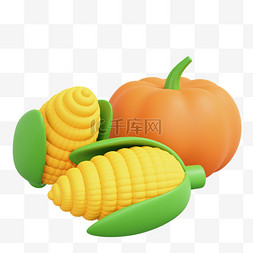 秋天3d元素图片_3D农作物玉米南瓜立体C4D秋天秋季