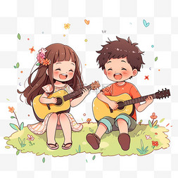 弹吉他女孩卡通图片_儿童手绘弹吉他元素