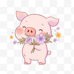 卡通小猪拿着花朵元素