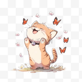 可爱的小猫抓蝴蝶玩耍卡通手绘元素