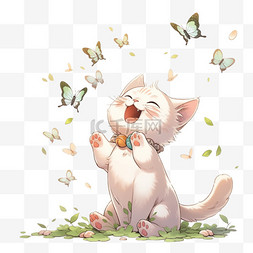 飞翔红蝴蝶图片_卡通可爱的小猫抓蝴蝶玩耍手绘元