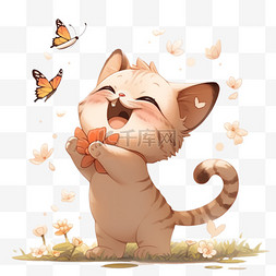 小猫抓蝴蝶玩耍元素卡通