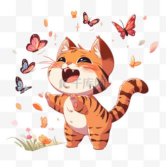 小猫抓蝴蝶玩耍元素手绘
