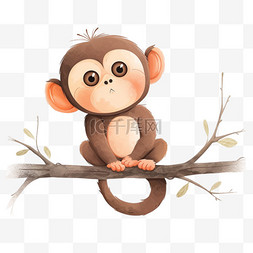手绘树枝上卡通玩耍的猴子元素