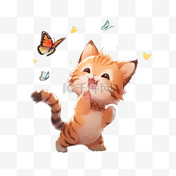 开心小猫卡通抓蝴蝶玩耍元素
