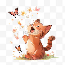 卡通小猫玩耍图片_手绘开心小猫抓蝴蝶玩耍元素