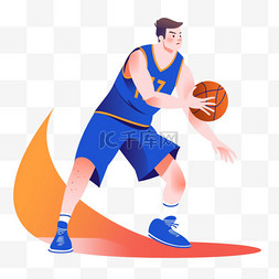 手绘篮球运动人物图片_扁平卡通亚运会运动人物蓝衣男子