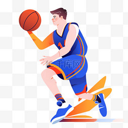 篮球体育项目图片_扁平卡通亚运会运动人物一蓝衣男