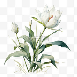 点彩图片_绿色植物白色花朵水彩风格水粉水