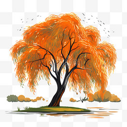 秋季树木插画图片_秋季植物树木柳树花卉秋天树木插