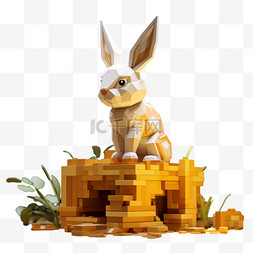3D兔子图片_乐高动物兔子像素风积木3D黄色动