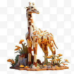 长颈鹿场景3D黄色动物像素风积木