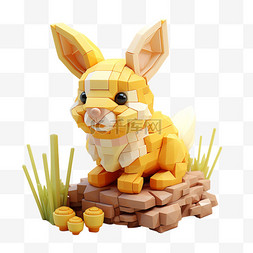 3d积木图片_兔子乐高动物像素风积木3D黄色动