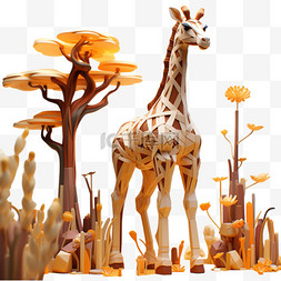 像素风场景图片_3D长颈鹿场景黄色动物像素风积木