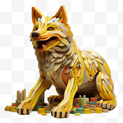 3D乐高动物像素风积木黄色动物狼