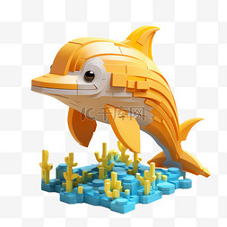 3d积木图片_像素风积木乐高动物3D海豚黄色动