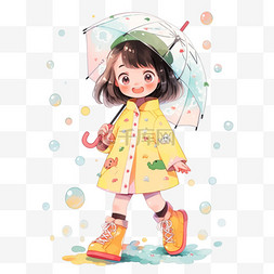 手绘卡通雨中小女孩打伞元素