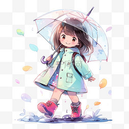 雨中卡通打伞的小女孩手绘元素