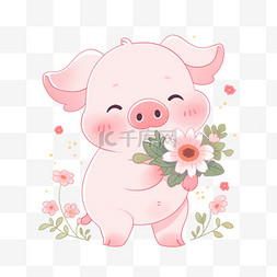 可爱手绘小猪图片_卡通手绘拿着花的小猪元素