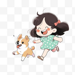 奔跑的宠物图片_小女孩宠物小狗手绘元素卡通