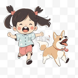 卡通奔跑小狗图片_卡通元素小女孩宠物小狗手绘