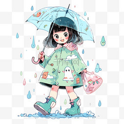 卡通雨衣女孩图片_雨中小女孩打伞手绘元素