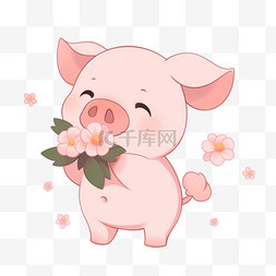 卡通可爱小猪图片_卡通拿着花的小猪元素手绘