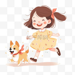 奔跑的小狗图片_手绘元素小女孩宠物小狗卡通