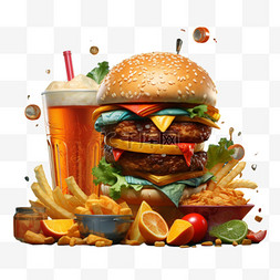 食物合成图片_汉堡饮料薯条快餐合成AI免扣素材