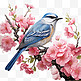 粉色花朵蓝色鸟中国画立体素材免扣图案
