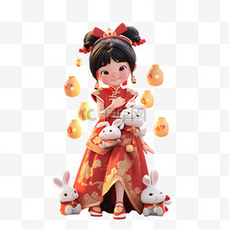 中秋节可爱女孩兔子3d卡通元素