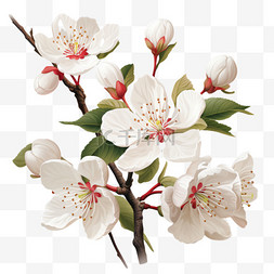 白色卡通植物免扣图片_白色桃花植物写实花枝卡通C4D矢量