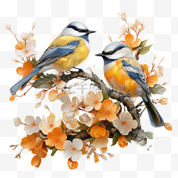 中国画绘画图片_橘色花树上一对黄鸟AI元素立体免