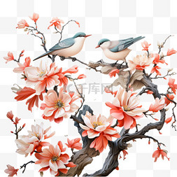 鸟免扣PNG图片_粉色茂盛花朵花枝和鸟AI元素立体