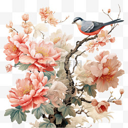 树枝免扣元素图片_粉色牡丹树枝上有鸟自然画面素材