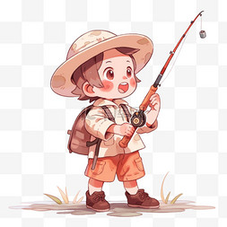 男孩钓鱼手绘卡通元素