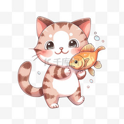 小猫元素吃鱼卡通手绘