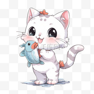 可爱吃鱼小猫手绘卡通元素