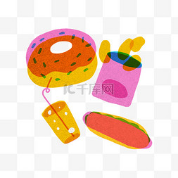 餐饮面包图片_丝网印刷风格甜甜圈薯条饮品面包