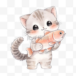 手绘可爱吃鱼小猫卡通元素